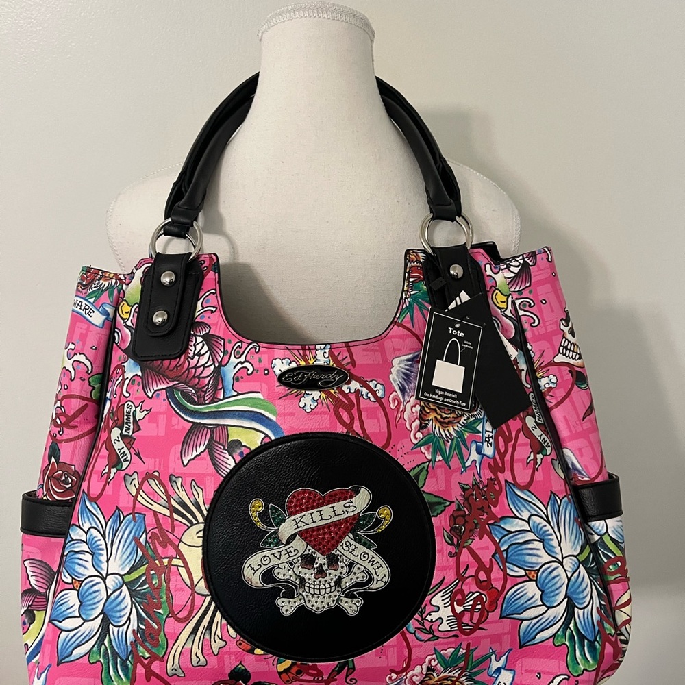 NWOT. Ed Hardy Pink Floral Tattoo Print Tote Bag with Black Accents